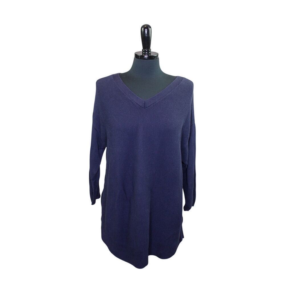 Talbots V Neck Sweater Dark Blue 3/4 Length Sleeves Classic Minimalist
